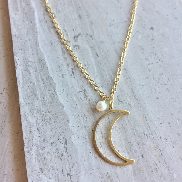 Fresh Water Pearl & Brass Moon Necklace - Picture 2 of 3